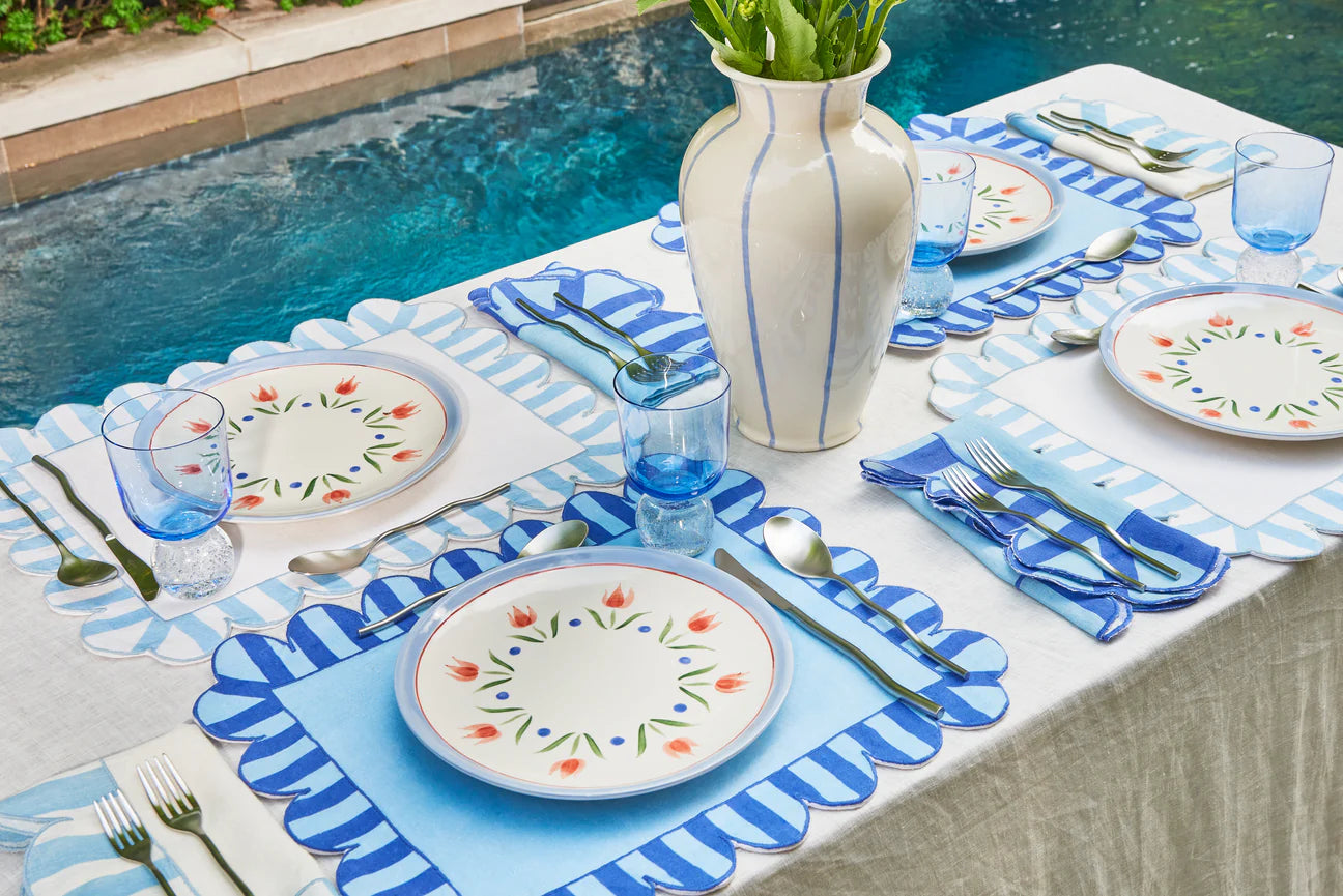 Jardin Embroidered Linen Scalloped Stripe Napkins with Color Backing, Blue, Set of 4