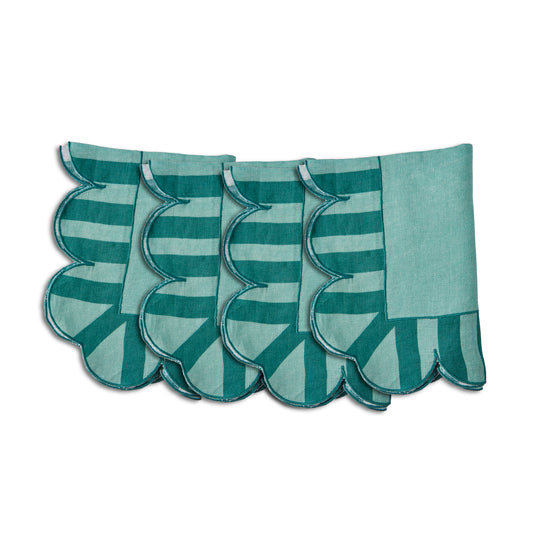 Jardin Embroidered Linen Scalloped Stripe Napkins with Color Backing,  Green, Set of 4