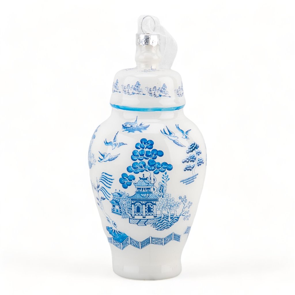 Chinoiserie Blue & White Glass Ginger Jar Ornament