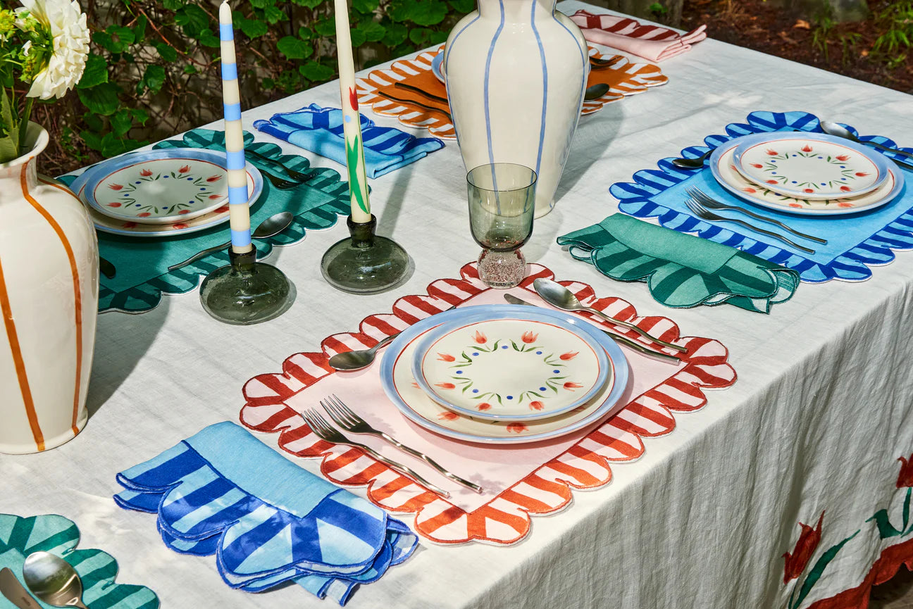 Jardin Embroidered Linen Scalloped Stripe Napkins with Color Backing, Red, Set of 4